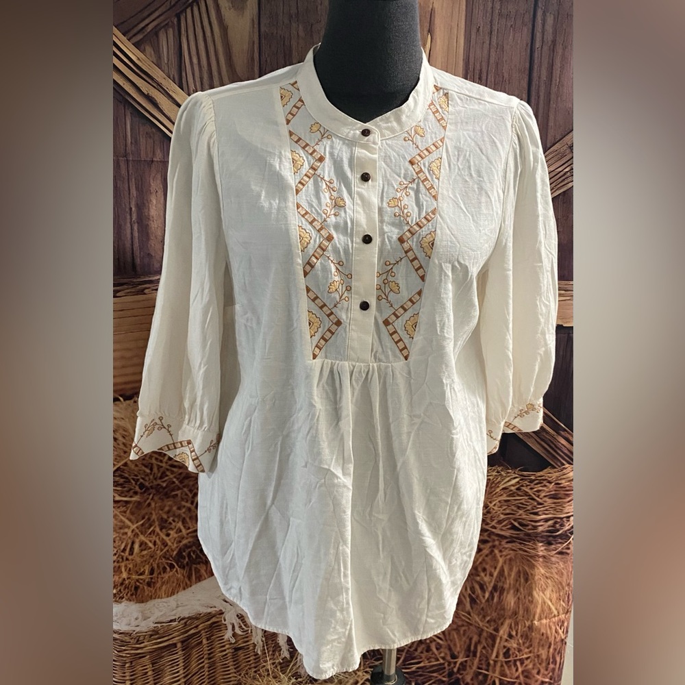NWT Knox Rose Blouse Top  3/4 Sleeve Embroidered Boho Ivory White Cream Large